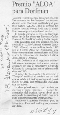 Premio "ALOA" para Dorfman  [artículo]