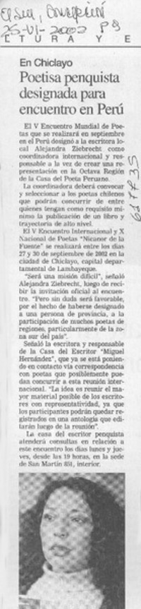 Poetisa penquista designada para encuentro en Perú  [artículo]