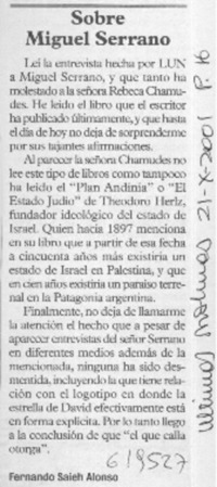 Sobre Miguel Serrano  [artículo] Fernando Saleh Alonso