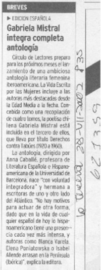 Gabriela Mistral integra completa antología  [artículo]