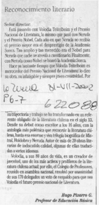 Reconocimiento literario  [artículo] Hugo Pizarro G.