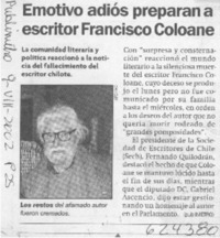 Emotivo adiós preparan a escritor Francisco Coloane