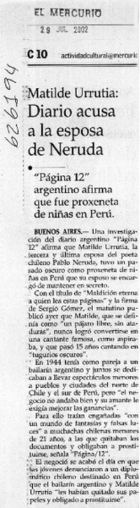 Diario acusa a la esposa de Neruda  [artículo]