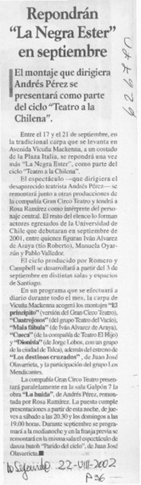 Repondrán "La Negra Ester" en septiembre  [artículo]