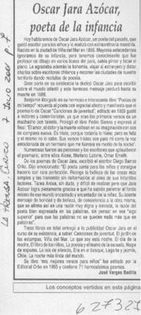 Oscar Jara Azócar, poeta de la infancia  [artículo] José Vargas Badilla