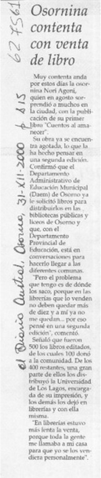 Osornina contenta con venta de libro  [artículo]
