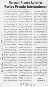 Hernán Rivera Letelier recibe Premio Internacional  [artículo]
