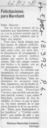 Felicitaciones para Marchant  [artículo] Mariano Bascuñan Centeno
