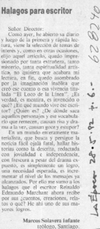 Halagos para escritor  [artículo] Marcos Solavera Infante