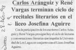 Carlos Aránguiz y René Vargas terminan ciclo de recitales literarios en el liceo Josefina Aguirre  [artículo]