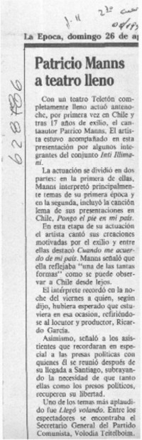 Patricio Manns a teatro lleno  [artículo]