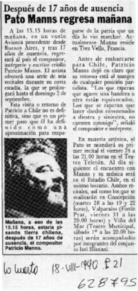 Pato Manns regresa mañana  [artículo]