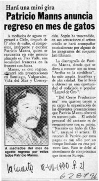 Patricio Manns anuncia regreso en mes de gatos  [artículo]