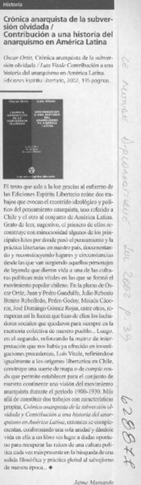 Crónica anarquista de la subversión olvidada, Contribución a una historia del anarquismo en América Latina  [artículo] Jaime Massardo