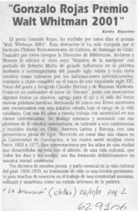 "Gonzalo Rojas Premio Walt Whitman 2001"  [artículo] Ramón Riquelme