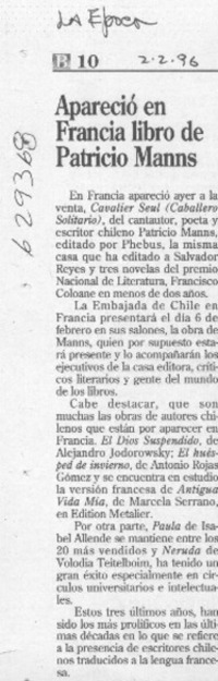 Apareció en Francia libro de Patricio Manns  [artículo]