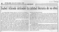 Isabel Allende defendió la calidad literaria de su obra  [artículo]