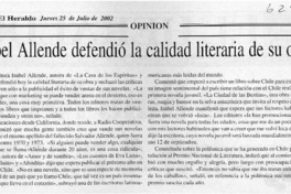 Isabel Allende defendió la calidad literaria de su obra  [artículo]