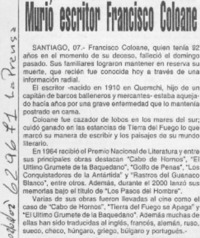 Murió escritor Francisco Coloane  [artículo]