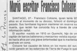 Murió escritor Francisco Coloane  [artículo]