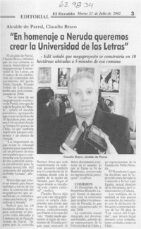 "En homenaje a Neruda queremos crear la Universidad de las Letras"  [artículo]