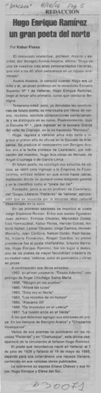 Hugo Enrique Ramírez un gran poeta del norte  [artículo] Kabur Flores