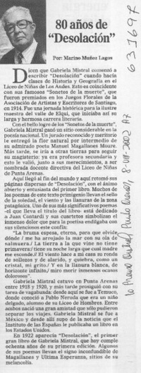 80 años de "Desolación"  [artículo] Marino Muñoz Lagos