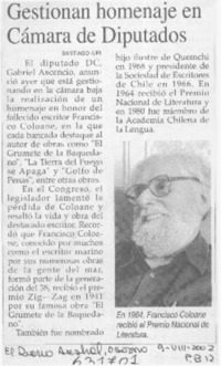 Gestionan homenaje en Cámara de Diputados  [artículo]
