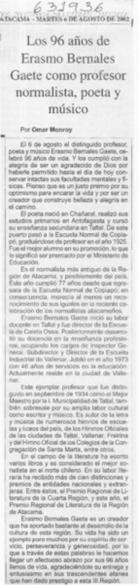 Los 96 años de Erasmo Bernales Gaete como profesor normalista, poeta y músico