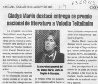 Gladys Marín destacó entrega de premio nacional de literatura a Volodia Teitelboim  [artículo]