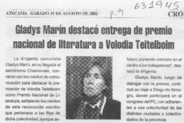 Gladys Marín destacó entrega de premio nacional de literatura a Volodia Teitelboim  [artículo]