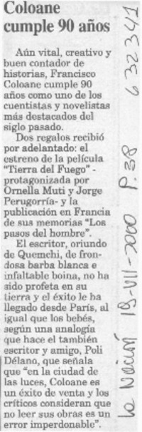 Coloane cumple 90 años  [artículo]