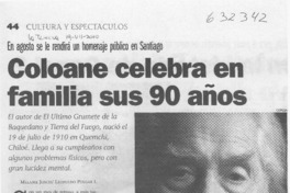 Coloane celebra en familia sus 90 años  [artículo] Melanie Jösch <y> Leopoldo Pulgar I.