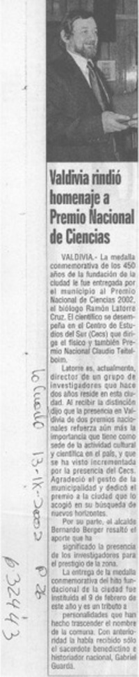 Valdivia rindió homenaje a Premio Nacional de Ciencias  [artículo]
