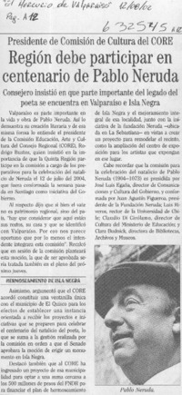 Región debe participar en centenario de Pablo Neruda  [artículo]