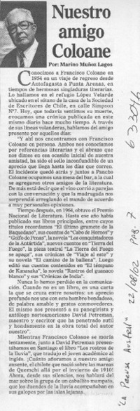 Nuestro amigo Coloane  [artículo] Marino Muñoz Lagos