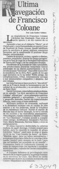 Última navegación de Francisco Coloane  [artículo] Luis Godoy Gómez