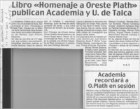 Libro "Homenaje a Oreste Plath" publican Academia y U. de Talca  [artículo] H. G. V.