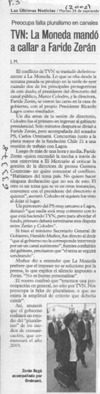 TVN, La Moneda mandó a callar a Faride Zerán  [artículo] J. M.