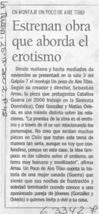 Estrenan obra que aborda el erotismo  [artículo]