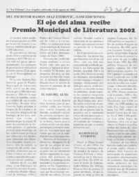 El ojo del alma recibe Premio Municipal de Literatura 2002  [artículo]