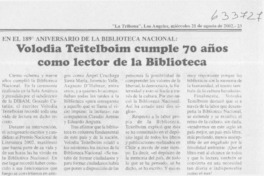 Volodia Teitelboim cumple 70 años como lector de la Biblioteca  [artículo]