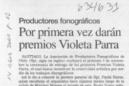 Por primera vez darán premios Violeta Parra  [artículo]