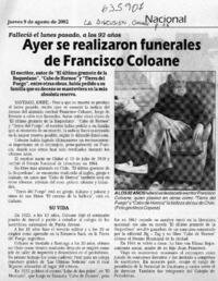 Ayer se realizaron funerales de Francisco Coloane  [artículo]