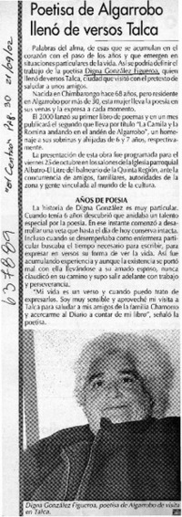 Poestisa de Algarrobo llenó de versos Talca  [artículo]