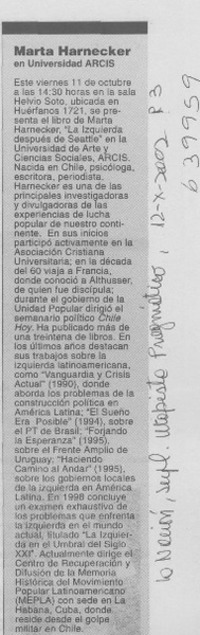 Marta Harnecker en Universidad Arcis