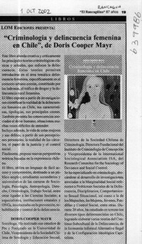 "Criminología y delincuencia femenina en Chile", de Doris Cooper Mayr  [artículo]