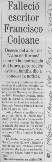 Fallecio escritor  [artículo]