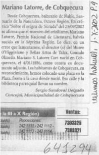 Mariano Latorre, de Cobquecura  [artículo] Sergio Sandoval Delgado
