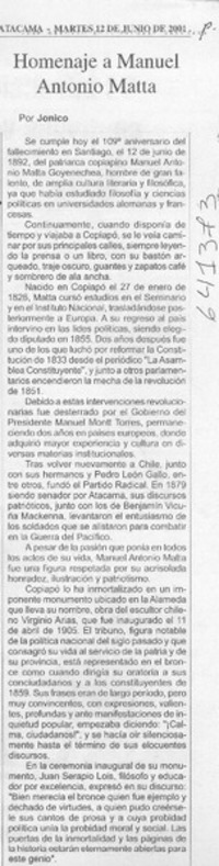 Homenaje a Manuel Antonio Matta  [artículo] Jónico